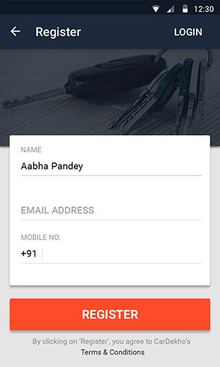 App Registration Page - CarDekho.com